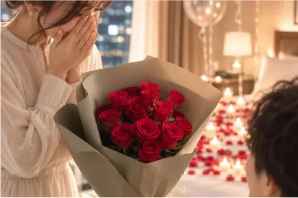 赤いバラの花束を受け取り、手で顔を覆って喜ぶ女性