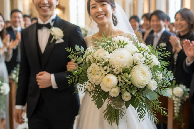 参列者の拍手の中、白いブーケを手に笑顔で歩く新郎新婦
